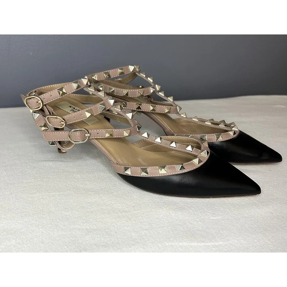 Kaitlyn Pan Shoes Womens 9 Black Studded Strappy Ankle Strap Pointed Toe Heels